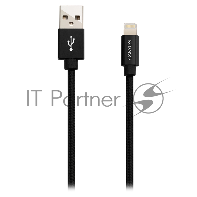 Кабель CANYON Charge & Sync MFI braided cable with metalic shell, USB to lightning, certified by Apple, cable length 1m, OD2.8mm, Black