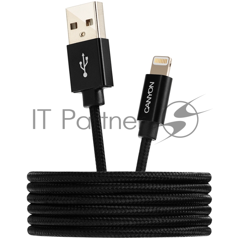 Кабель CANYON Charge & Sync MFI braided cable with metalic shell, USB to lightning, certified by Apple, cable length 1m, OD2.8mm, Black