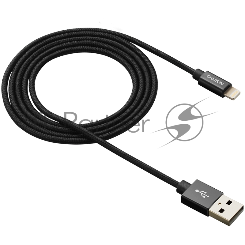 Кабель CANYON Charge & Sync MFI braided cable with metalic shell, USB to lightning, certified by Apple, cable length 1m, OD2.8mm, Black
