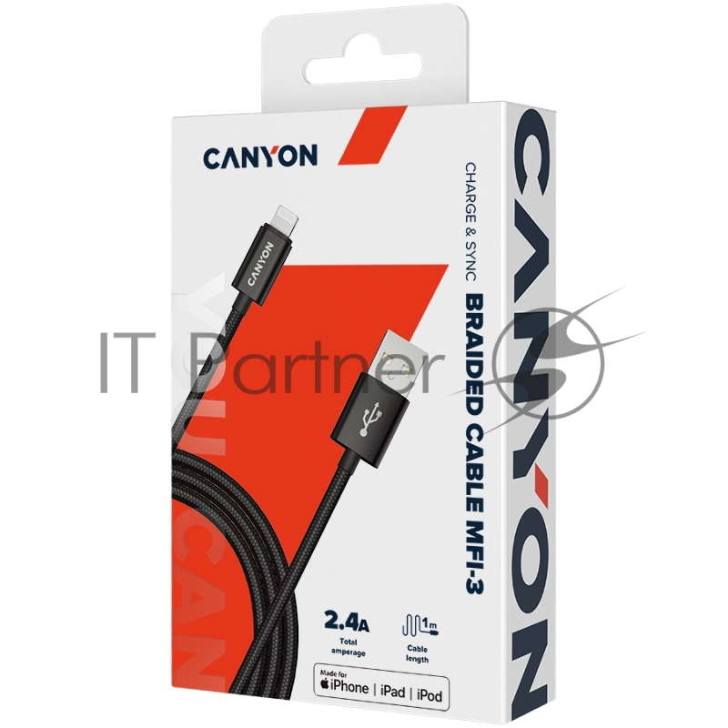 Кабель CANYON Charge & Sync MFI braided cable with metalic shell, USB to lightning, certified by Apple, cable length 1m, OD2.8mm, Black