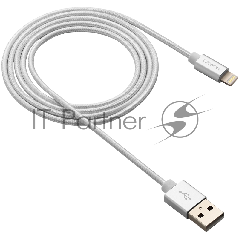 Кабель CANYON Charge & Sync MFI braided cable with metalic shell, USB to lightning, certified by Apple, cable length 1m, OD2.8mm, Pearl White