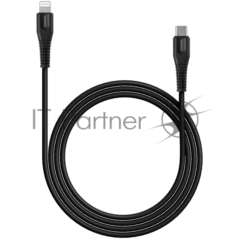 Кабель CANYON Type C Cable To MFI Lightning for Apple, PVC Mouling,Function:with full feature( data transmission and PD charging) Output:5V/2.4A , OD:3.5mm, cable length 1.2m, 0.026kg,Color:Black