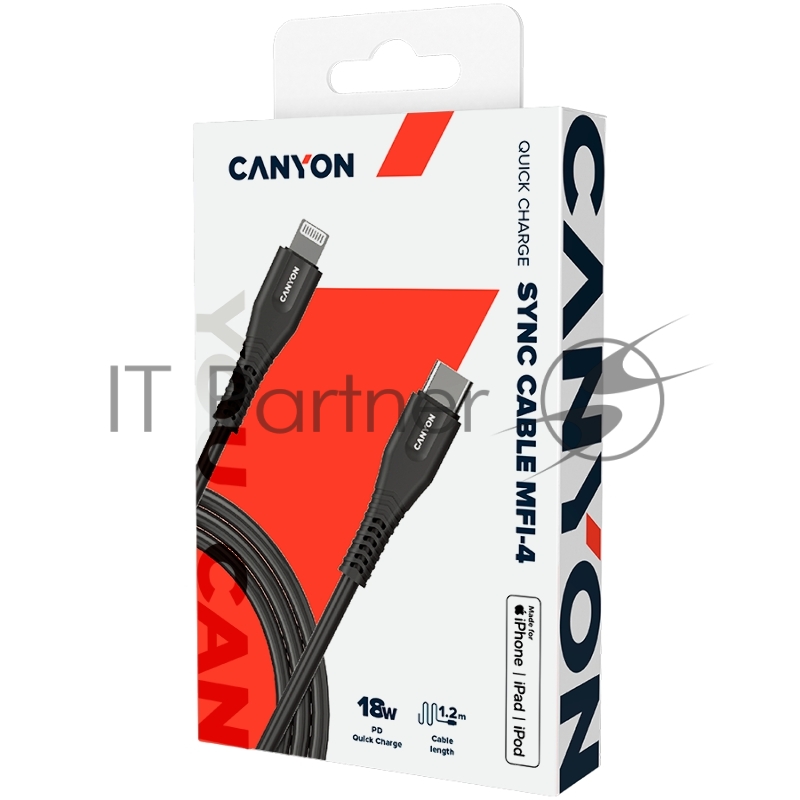 Кабель CANYON Type C Cable To MFI Lightning for Apple, PVC Mouling,Function:with full feature( data transmission and PD charging) Output:5V/2.4A , OD:3.5mm, cable length 1.2m, 0.026kg,Color:Black
