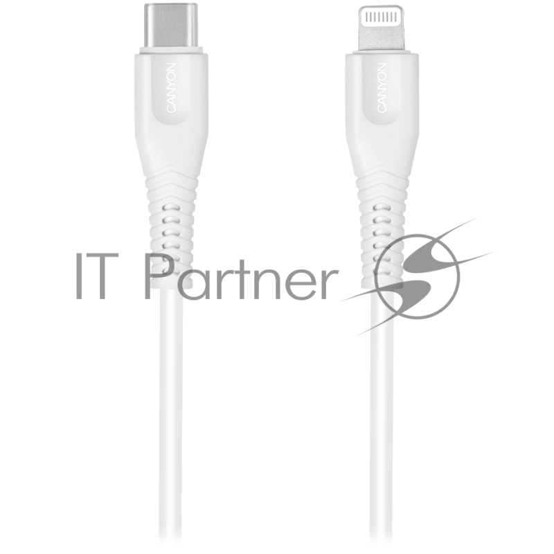 Кабель CANYON Type C Cable To MFI Lightning for Apple, PVC Mouling,Function: with full feature( data transmission and PD charging) Output:5V/2.4A, OD:3.5mm, cable length 1.2m, 0.026kg,Color:White