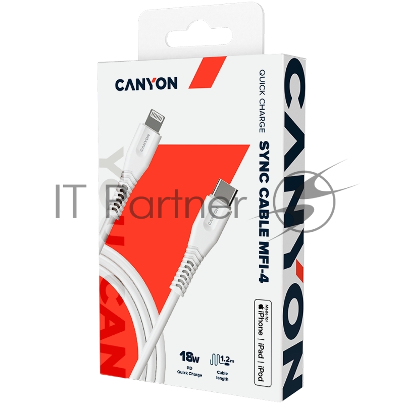 Кабель CANYON Type C Cable To MFI Lightning for Apple, PVC Mouling,Function: with full feature( data transmission and PD charging) Output:5V/2.4A, OD:3.5mm, cable length 1.2m, 0.026kg,Color:White