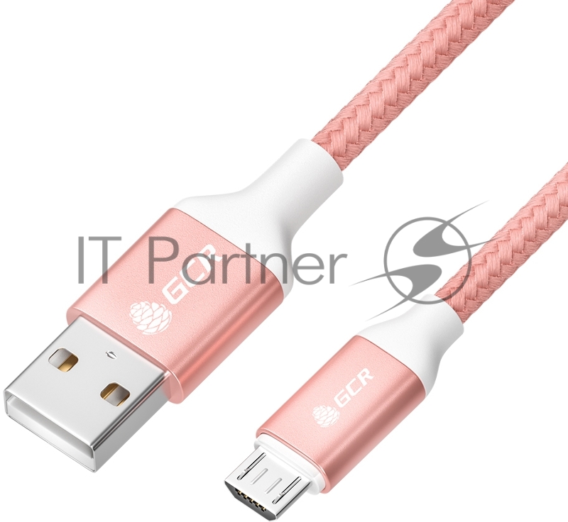 Кабель GCR QC 1.0m MicroUSB, быстрая зарядка, розовый нейлон, AL корпус розовый, белый ПВХ, 28/24 AWG, GCR-52473