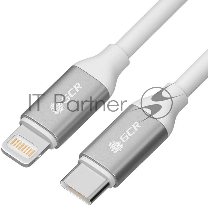 Кабель GCR 1.0m TypeC/Lightning MFI POWER DELIVERY 18 W, быстрая зарядка, белый силикон, AL корпус серебро, белый ПВХ, GCR-52360