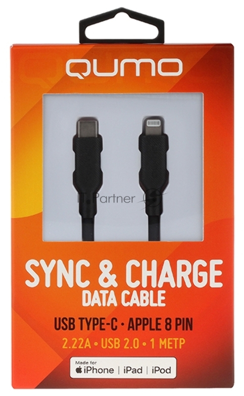 Кабель QUMO, MFI С94, Type-C на MFI Apple 8 pin, силиконовый, 1м, 2,22A, 9V, 20W, PD (черный)