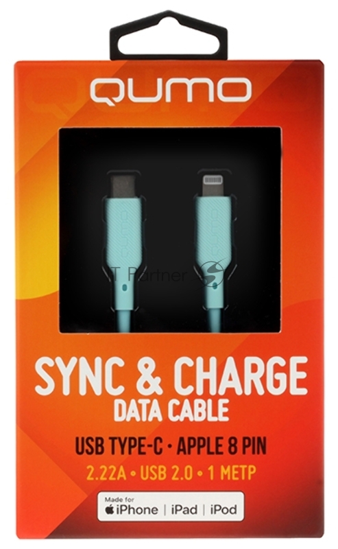 Кабель QUMO, MFI С94, Type-C на MFI Apple 8 pin, силиконовый, 1м, 2,22A, 9V, 20W, PD (голубой)