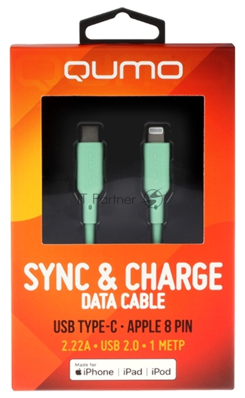 Кабель QUMO, MFI С94, Type-C на MFI Apple 8 pin, силиконовый, 1м, 2,22A, 9V, 20W, PD (зеленый)