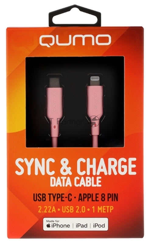 Кабель QUMO, MFI С94, Type-C на MFI Apple 8 pin, силиконовый, 1м, 2,22A, 9V, 20W, PD (розовый)