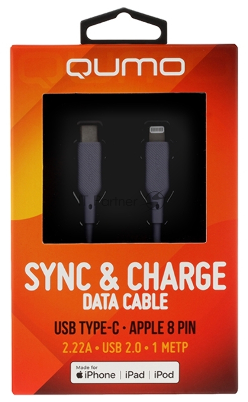 Кабель QUMO, MFI С94, Type-C на MFI Apple 8 pin, силиконовый, 1м, 2,22A, 9V, 20W, PD (серый)