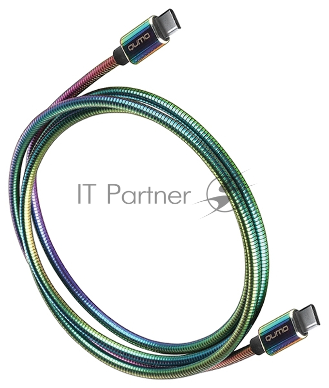 Кабель Qumo, Type С - Type C, USB 3.0, 1,2м, 5-20В, 5А, 100 Вт, опл. металл. пружинка, кон. металл, rainbow