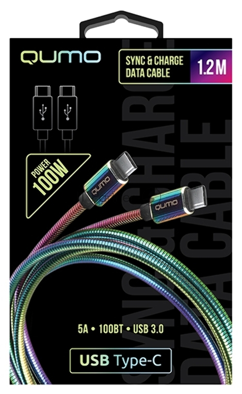 Кабель Qumo, Type С - Type C, USB 3.0, 1,2м, 5-20В, 5А, 100 Вт, опл. металл. пружинка, кон. металл, rainbow