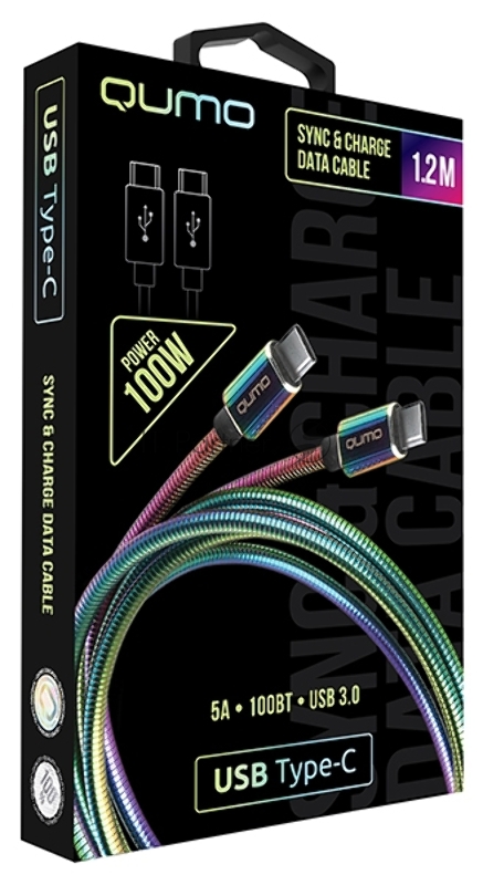 Кабель Qumo, Type С - Type C, USB 3.0, 1,2м, 5-20В, 5А, 100 Вт, опл. металл. пружинка, кон. металл, rainbow