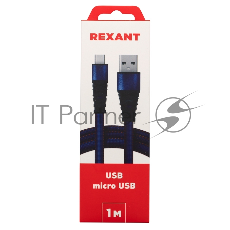 Кабель REXANT USB-microUSB 1 м, плоский провод, синяя джинсовая оплетка