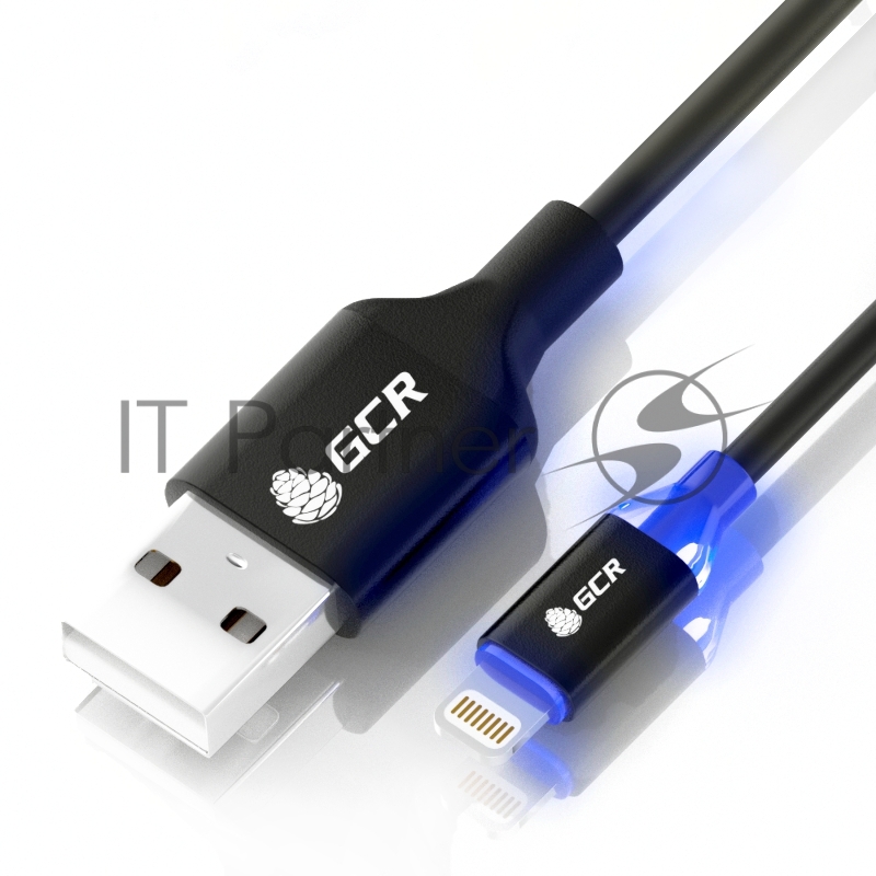 Кабель Greenconnect 3A 1.5m Apple USB 2.0, AM/Lightning 8pin MFI для Iphone 5/6/7/8/X - светодиодный, поддержка всех IOS, черный, AL корпус черный