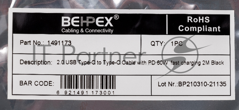 Кабель Power Delivery 60W USB Type-C (m)-USB Type-C (m) 2м черный