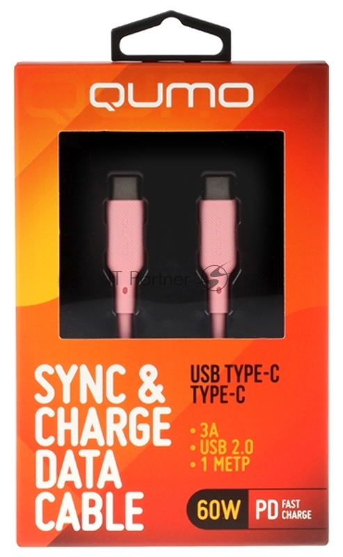 Кабель QUMO 32966 Type-C на Type-C, силиконовый, 1м, 3A, 60W, PD (розовый)