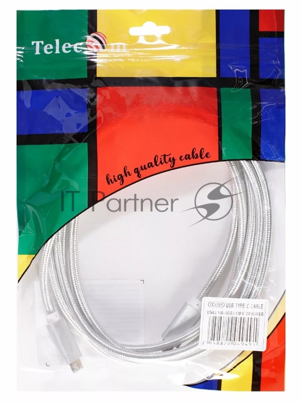Кабель USB 3.1 Type Cm -- Cm IC 5А 10Gbs длина 2M, Telecom <TC420S> серебряный