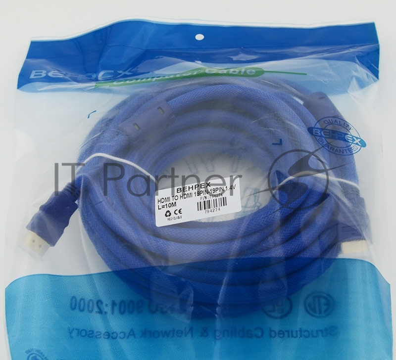 Кабель HDMI Ver.1.4 Blue jack HDMI19 (m)/HDMI19 (m) 10м феррит.кольца Позолоченные контакты