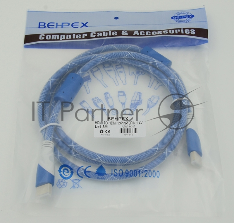 Кабель HDMI Ver.1.4 Blue/white jack HDMI19 (m)/HDMI19 (m) 1.8м феррит.кольца Позолоченные контакты