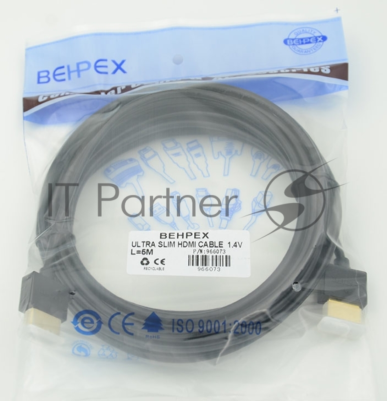 Кабель HDMI Behpex Gold Plated Connector, Ver1.4, Ultra Slim HDMI(19pin)/HDMI(19pin) (5м) феррит.кольца Позолоченные контакты
