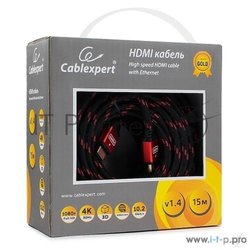 Кабель HDMI Cablexpert, серия Gold, 15 м, v1.4, M/M, красный, позол.разъемы, алюминиевый корпус, нейлоновая оплетка, коробка
