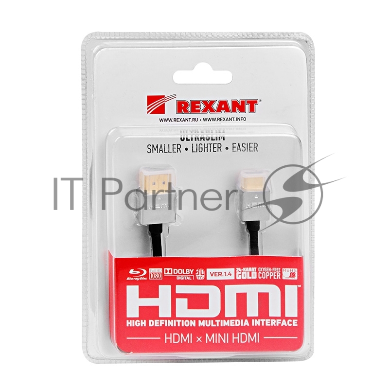 Шнур mini HDMI - HDMI, длина 1,5 метра Ultra Slim (GOLD) (блистер) REXANT