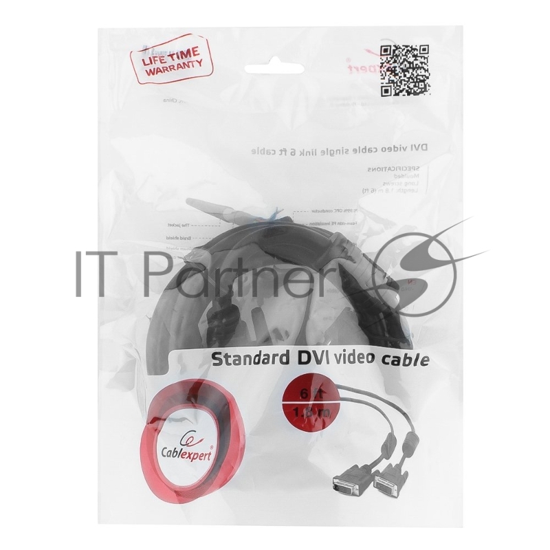 Кабель DVI-D single link Cablexpert CC-DVI-BK-6, 19M/19M, 1.8м, черный, экран, феррит.кольца, пакет {60}