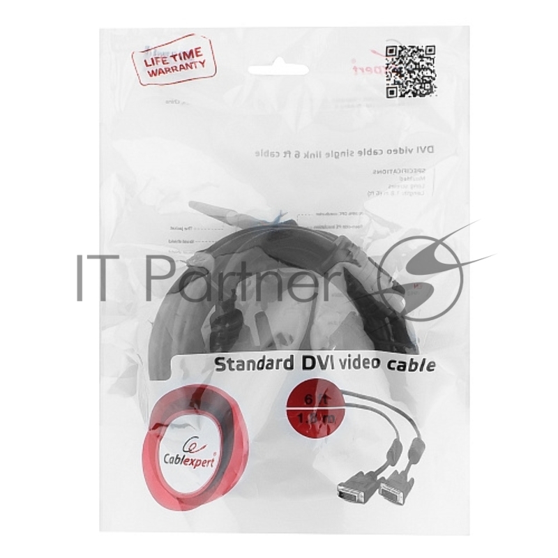 Кабель DVI-D single link Cablexpert CC-DVI-BK-6, 19M/19M, 1.8м, черный, экран, феррит.кольца, пакет {60}