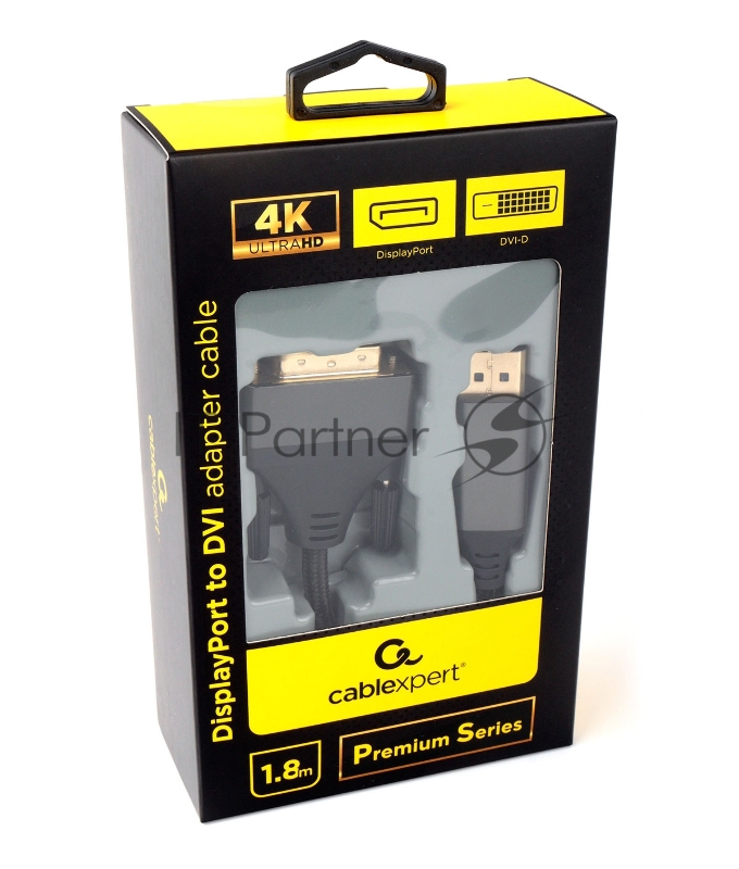 Кабель DisplayPort->DVI Cablexpert CC-DPM-DVIM-4K-6, 4K, 1.8м, 20M/25M, нейлоновая оплетка, метал. разъемы, пакет