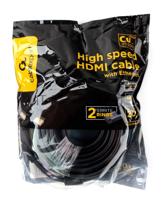 Кабель HDMI Cablexpert CCF2-HDMI4-20M, 20м, v1.4, 19M/19M, черный, позол.разъемы, экран, 2 ферр кольца, пакет