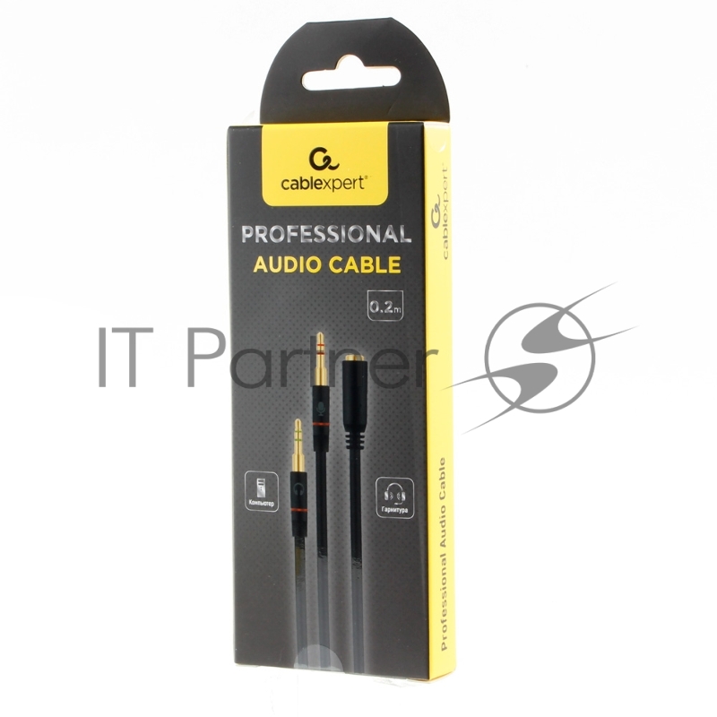 Кабель аудио Cablexpert CCAB-02-35F2M-0.2MB. 3.5 джек 4pin(F)/2х 3.5 джек(M) наушники и микрофон, черный, 0.2м, блистер
