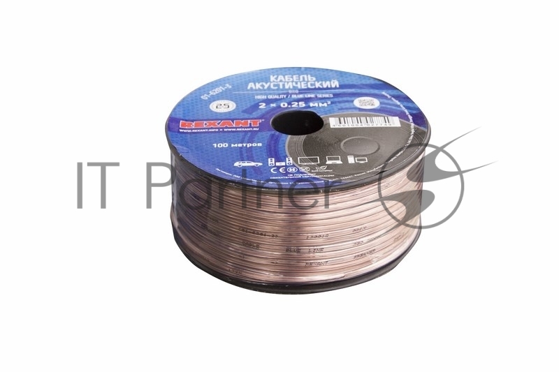Кабель акустический REXANT 2х0,25 мм², прозрачный BLUELINE, бухта 100 м