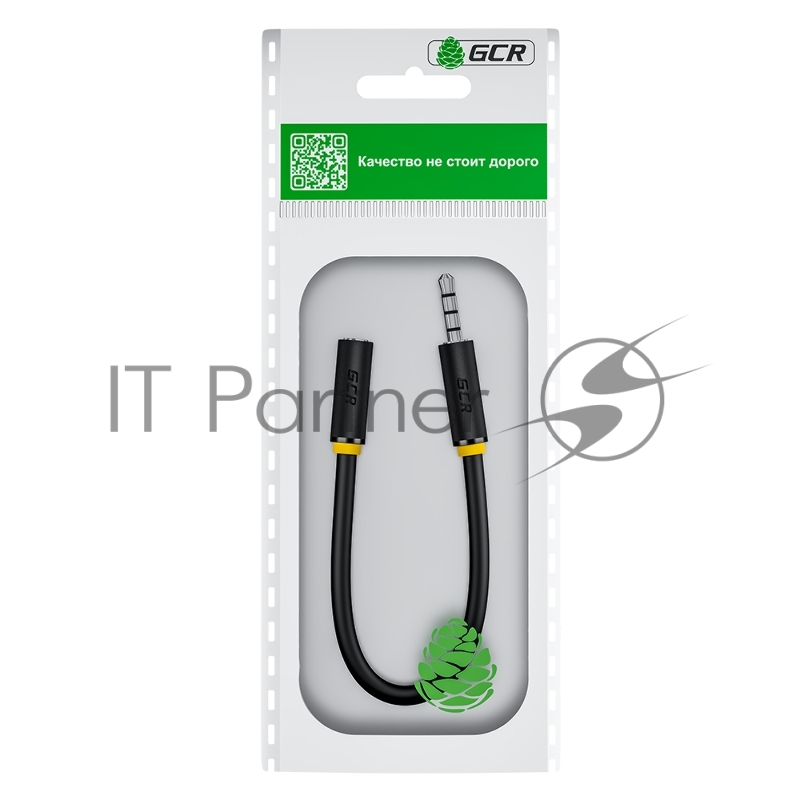 Удлинитель для гарнитуры GCR 0.15m jack 3,5mm/jack 3,5mm черный, желтая окантовка, 28AWG, M/F, GCR-53262