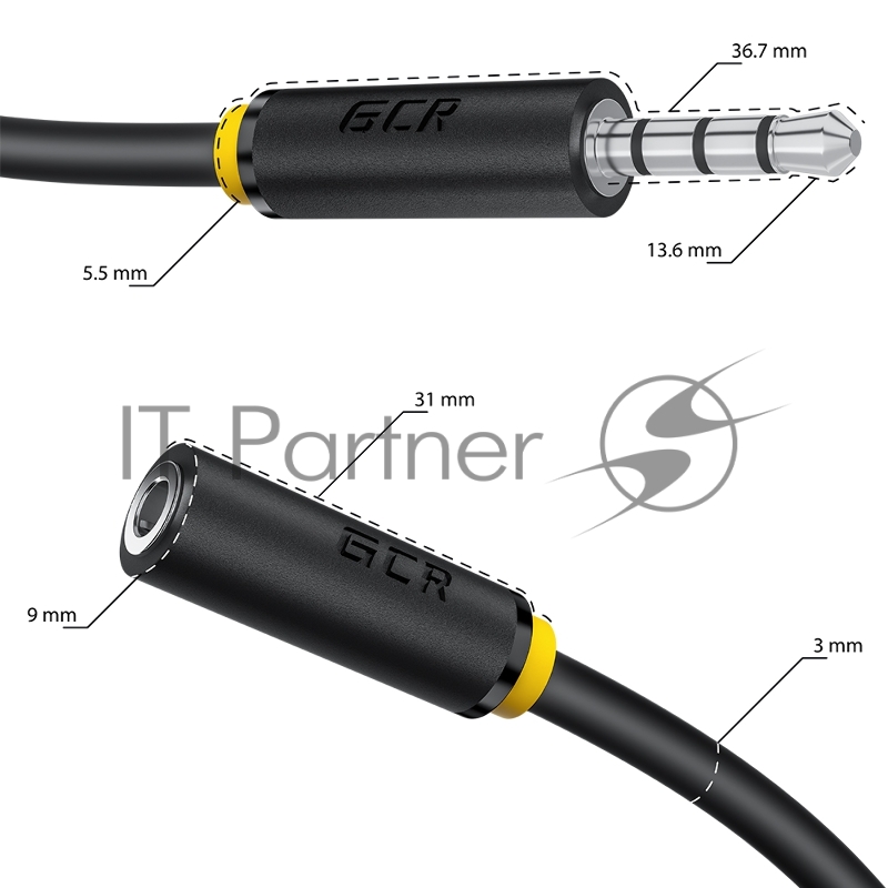 Удлинитель для гарнитуры GCR 0.15m jack 3,5mm/jack 3,5mm черный, желтая окантовка, 28AWG, M/F, GCR-53262