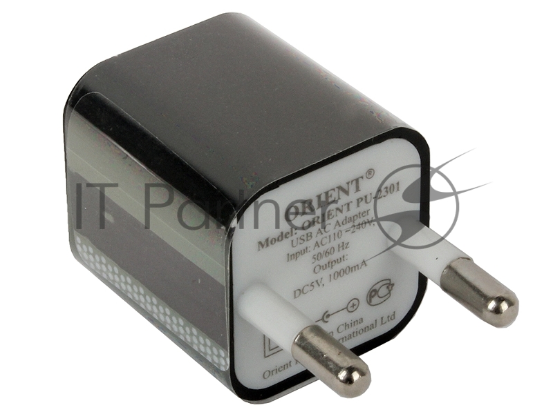 Зарядное устройство/адаптер питания USB от эл.сети Orient PU-2301, выход 5В/1000мА, черный
