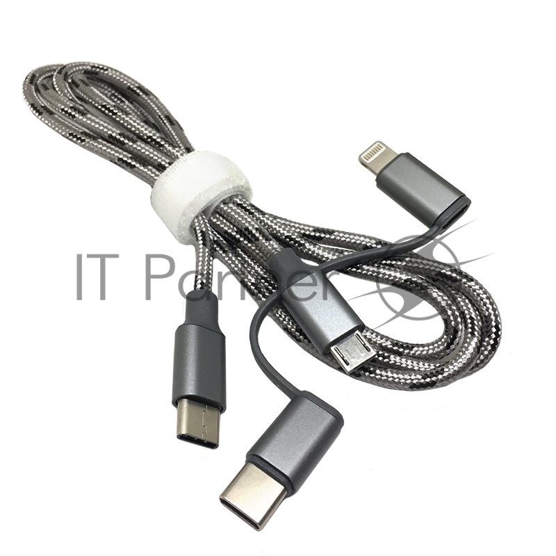 Переходник USB type C 3.1 to Lightning + microUSB + USB type C 3.1 , 1метр, нейлоновая оплетка, цвет серый EtyC3i1gr Espada