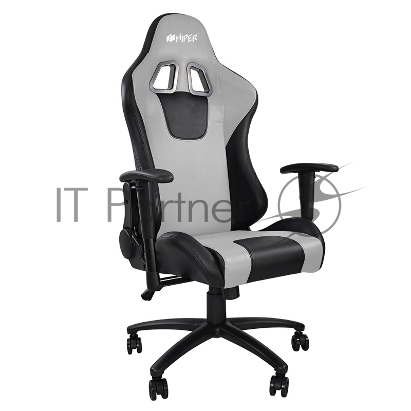 Игровое кресло чёрно-серое HIPER HGS-104 (кожа-PU, 2D подлокотник, газлифт класс 3, регулируемый угол наклона, механизм качания)