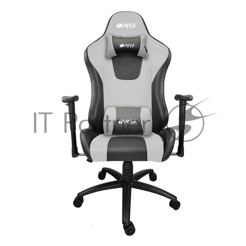 Игровое кресло чёрно-серое HIPER HGS-104 (кожа-PU, 2D подлокотник, газлифт класс 3, регулируемый угол наклона, механизм качания)