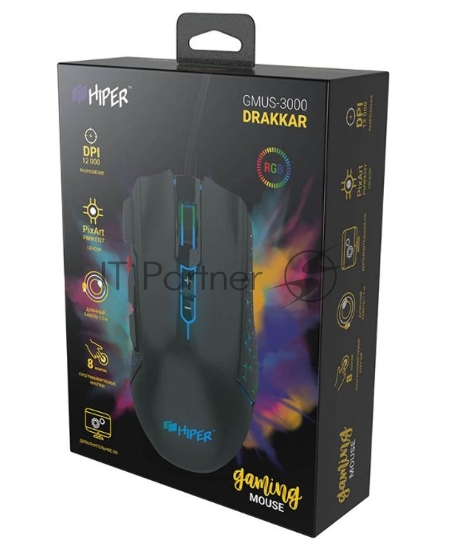 Мышь игровая HIPER DRAKKAR (GMUS-3000) Black USB {4000 dpi, 8 кнопок, USB кабель 1.6м, черный}