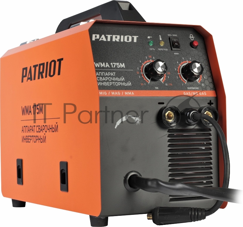 Полуавтомат сварочный инверторный PATRIOT WMA 175M MIG/MAG/MMA, полуавтоматическая сварка в среде газа (MIG/MAG) стальной и флюсовой проволокой 0.6/0.8 мм, сварка электродом (MMA) до 4мм, сварочный ток в режиме MIG: 40-170А сварочный ток в режиме MMA