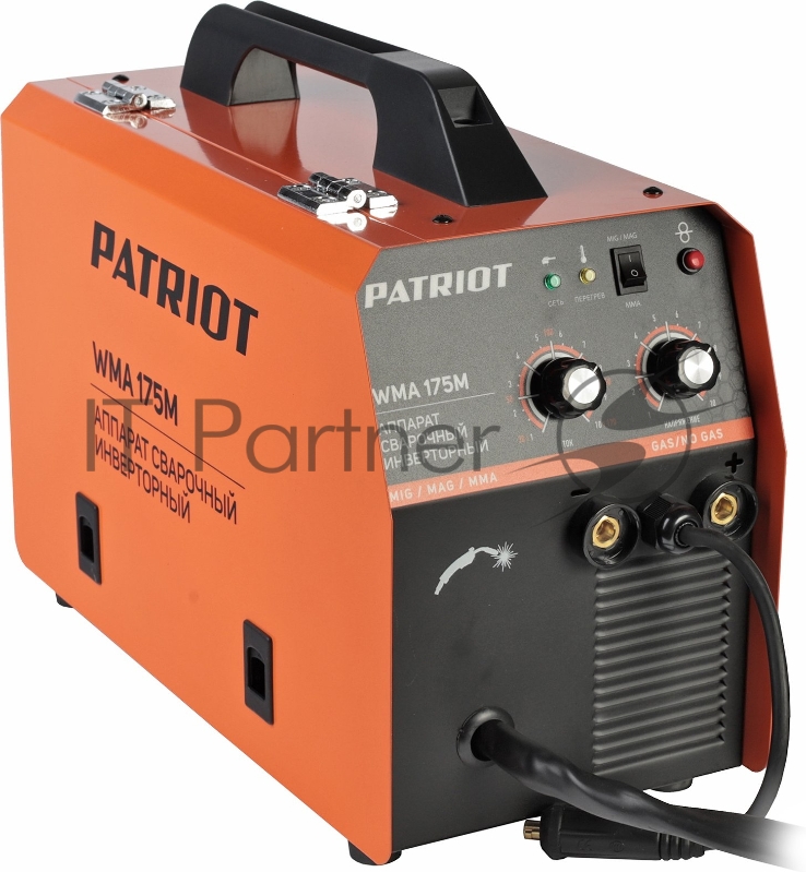 Полуавтомат сварочный инверторный PATRIOT WMA 175M MIG/MAG/MMA, полуавтоматическая сварка в среде газа (MIG/MAG) стальной и флюсовой проволокой 0.6/0.8 мм, сварка электродом (MMA) до 4мм, сварочный ток в режиме MIG: 40-170А сварочный ток в режиме MMA