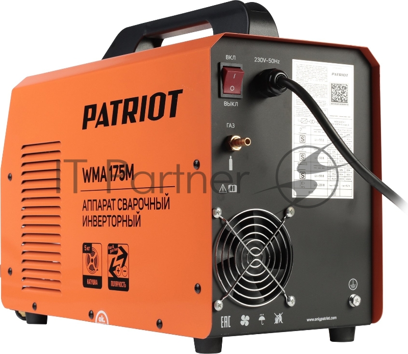 Полуавтомат сварочный инверторный PATRIOT WMA 175M MIG/MAG/MMA, полуавтоматическая сварка в среде газа (MIG/MAG) стальной и флюсовой проволокой 0.6/0.8 мм, сварка электродом (MMA) до 4мм, сварочный ток в режиме MIG: 40-170А сварочный ток в режиме MMA