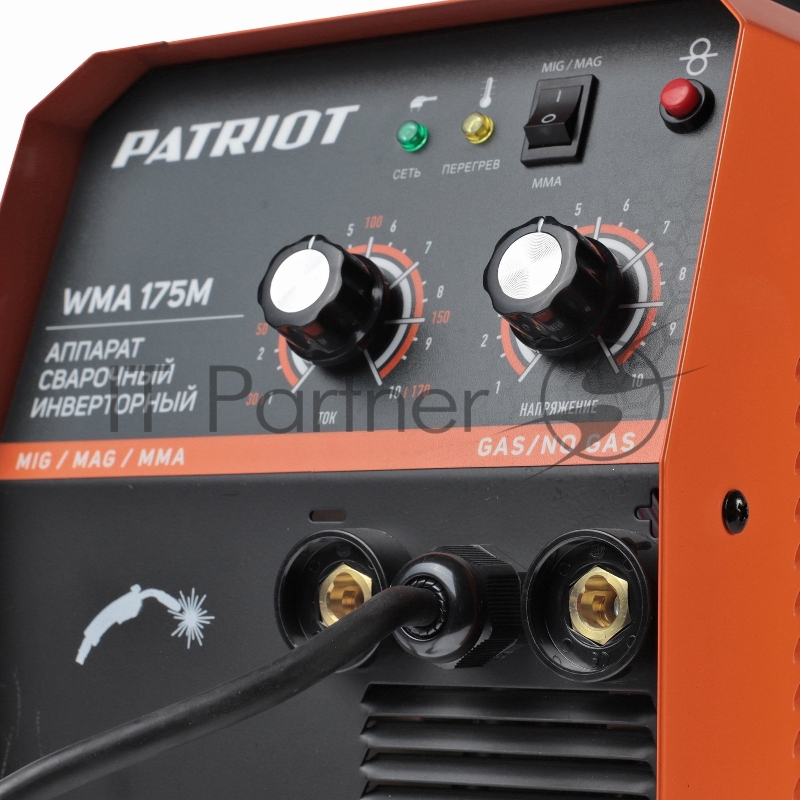 Полуавтомат сварочный инверторный PATRIOT WMA 175M MIG/MAG/MMA, полуавтоматическая сварка в среде газа (MIG/MAG) стальной и флюсовой проволокой 0.6/0.8 мм, сварка электродом (MMA) до 4мм, сварочный ток в режиме MIG: 40-170А сварочный ток в режиме MMA