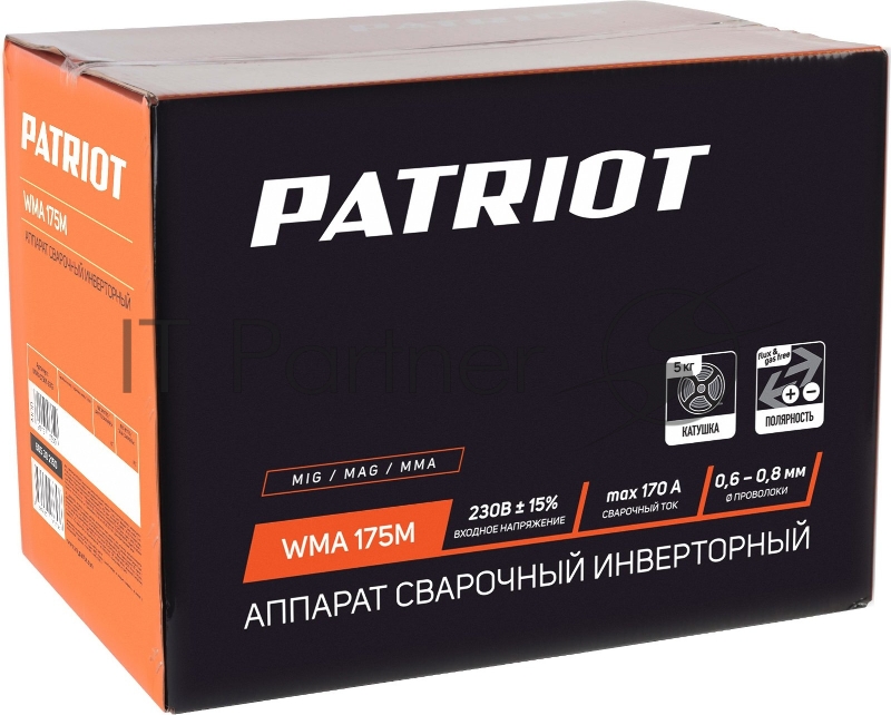 Полуавтомат сварочный инверторный PATRIOT WMA 175M MIG/MAG/MMA, полуавтоматическая сварка в среде газа (MIG/MAG) стальной и флюсовой проволокой 0.6/0.8 мм, сварка электродом (MMA) до 4мм, сварочный ток в режиме MIG: 40-170А сварочный ток в режиме MMA