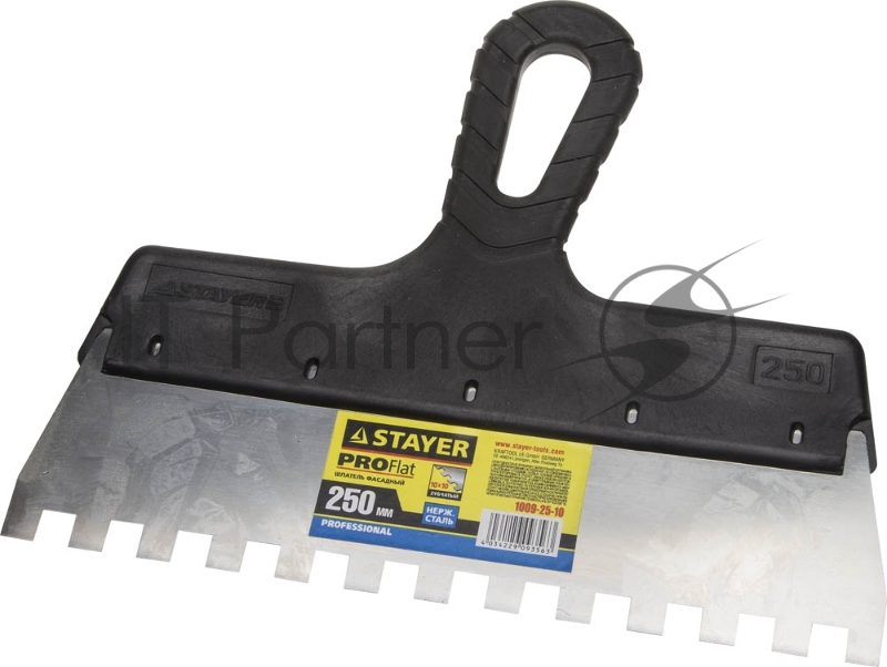 Шпатель STAYER PROFESSIONAL нержавеющий зубчатый с пластмассовой ручкой, 250мм, зуб 10х10мм