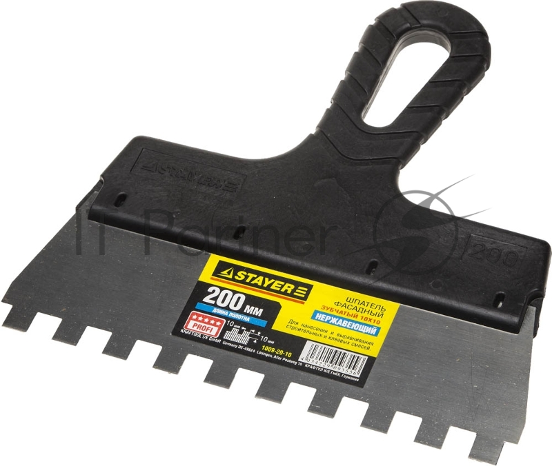 Шпатель STAYER PROFESSIONAL нержавеющий зубчатый с пластмассовой ручкой, 200мм, зуб 10х10мм