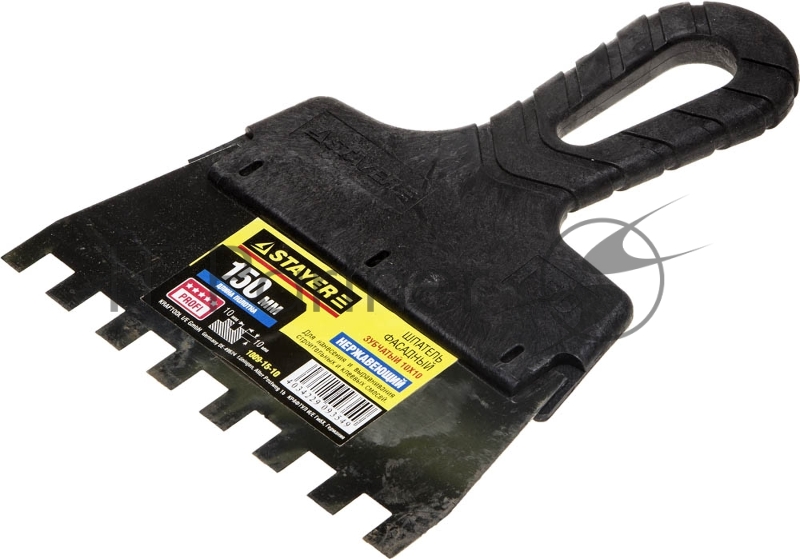 Шпатель STAYER PROFESSIONAL нержавеющий зубчатый с пластмассовой ручкой, 150мм, зуб 10х10мм